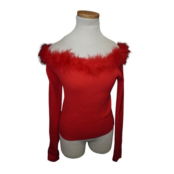 Paprika Red Feather Trim Off-Shoulder Sweater Top – Size L (Y2K Bardot) - Picture 2 of 11